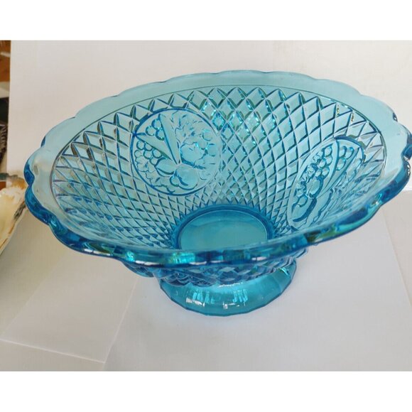 Vintage Aqua Blue Waffle Della Robbia Fruit Panel Glass Punch or Serving Bowl - Picture 15 of 16